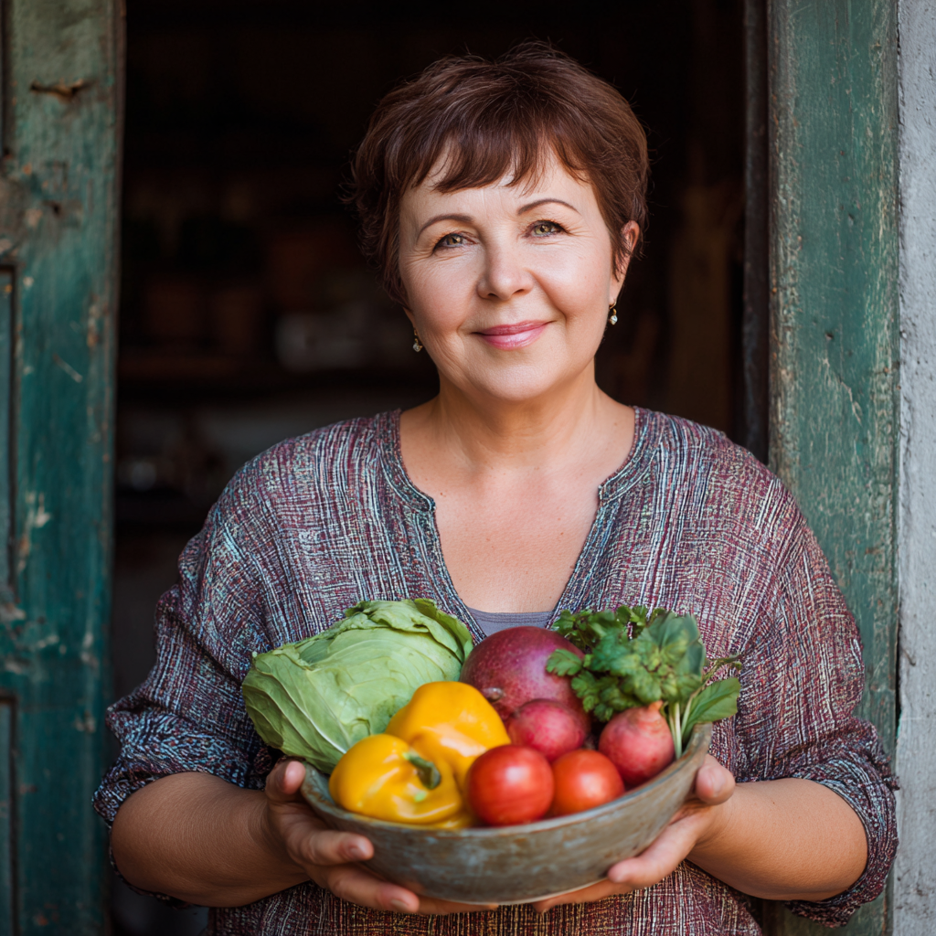 Професійна команда дієтологів crumadel - троє усміхнених європейських фахівців середнього віку в білих халатах зі свіжими продуктами