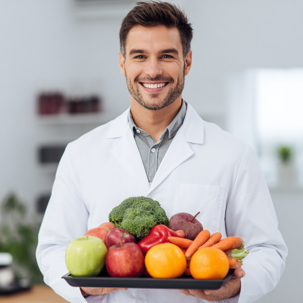 Усміхнена європейська жінка середнього віку з планшетом планує здорове харчування на кухні з різноманітними свіжими продуктами