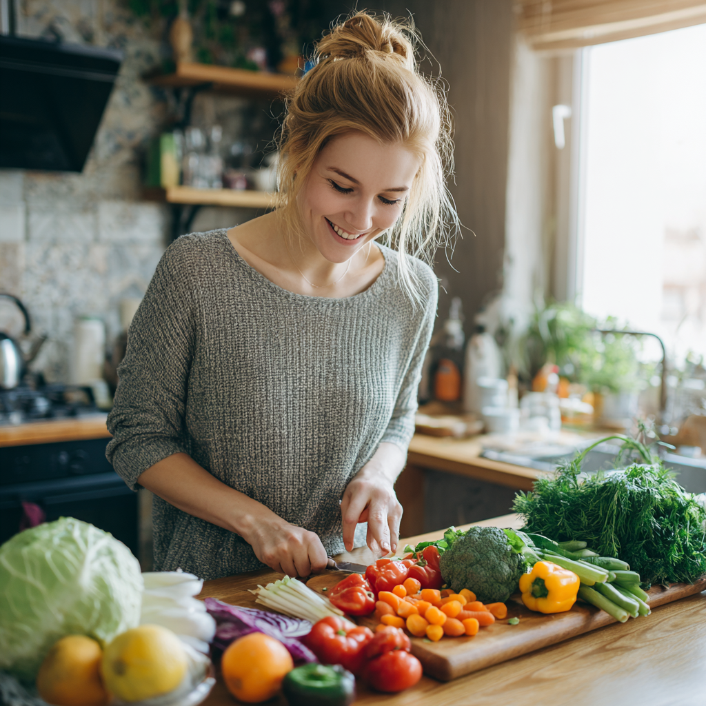 Професійний дієтолог європейського походження в окулярах посміхається біля столу з науковими матеріалами та здоровими продуктами